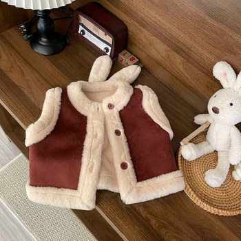 Vesta za djevojčice od chenille s vunenim punjenjem, polo ovratnik, zatvara se jednim gumbom, kratka duljina
