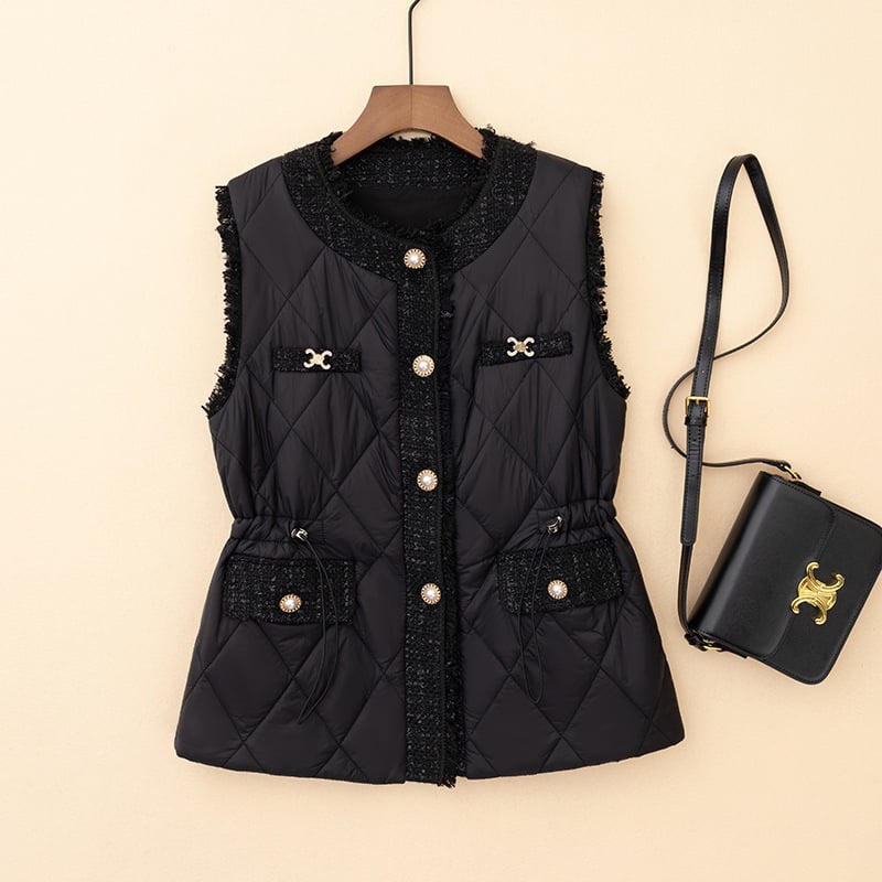 Ženska vesta s poliesterskim punjenjem, okrugli izrez, kratka duljina, poliester tkanina, poliester punjenje