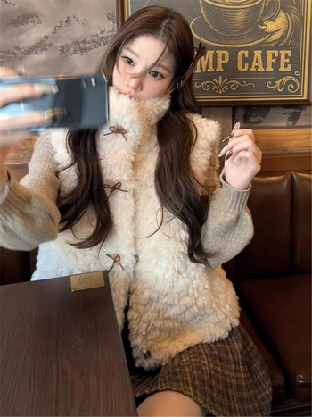 Vesta de blană pentru femei, iarnă 2025, guler stand, umplutură din lână de miel, țesătură exterioară: rayon