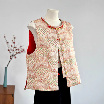 Vestă brodată în stil chinezesc, țesătură jacquard din poliester, guler rotund, imprimeu animal, croială relaxată