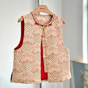 Vestă brodată în stil chinezesc, țesătură jacquard din poliester, guler rotund, imprimeu animal, croială relaxată