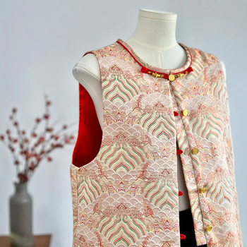 Vestă brodată în stil chinezesc, țesătură jacquard din poliester, guler rotund, imprimeu animal, croială relaxată