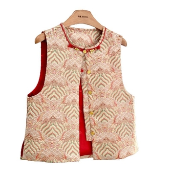 Vestă brodată în stil chinezesc, țesătură jacquard din poliester, guler rotund, imprimeu animal, croială relaxată