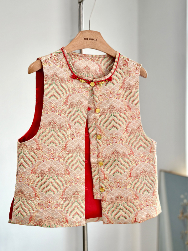 Vestă brodată în stil chinezesc, țesătură jacquard din poliester, guler rotund, imprimeu animal, croială relaxată