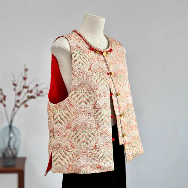 Vestă brodată în stil chinezesc, țesătură jacquard din poliester, guler rotund, imprimeu animal, croială relaxată