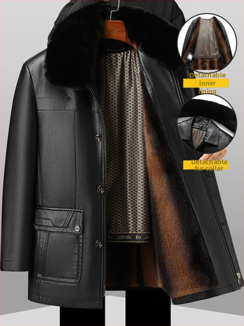 Jachetă din piele naturală pentru bărbați, cu căptușeală din blană de miel, închidere cu fermoar, guler tip lapel, croială lejeră, căptușeală detașabilă