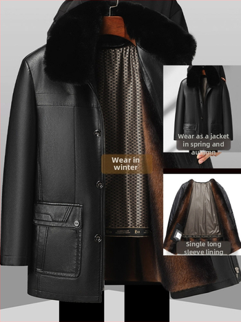 Jachetă din piele naturală pentru bărbați, cu căptușeală din blană de miel, închidere cu fermoar, guler tip lapel, croială lejeră, căptușeală detașabilă