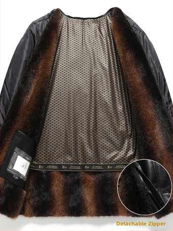 Jachetă din piele naturală pentru bărbați, cu căptușeală din blană de miel, închidere cu fermoar, guler tip lapel, croială lejeră, căptușeală detașabilă