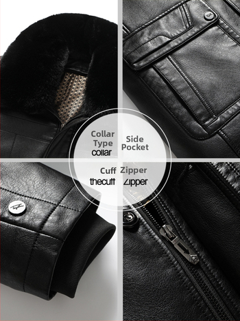 Jachetă din piele naturală pentru bărbați, cu căptușeală din blană de miel, închidere cu fermoar, guler tip lapel, croială lejeră, căptușeală detașabilă