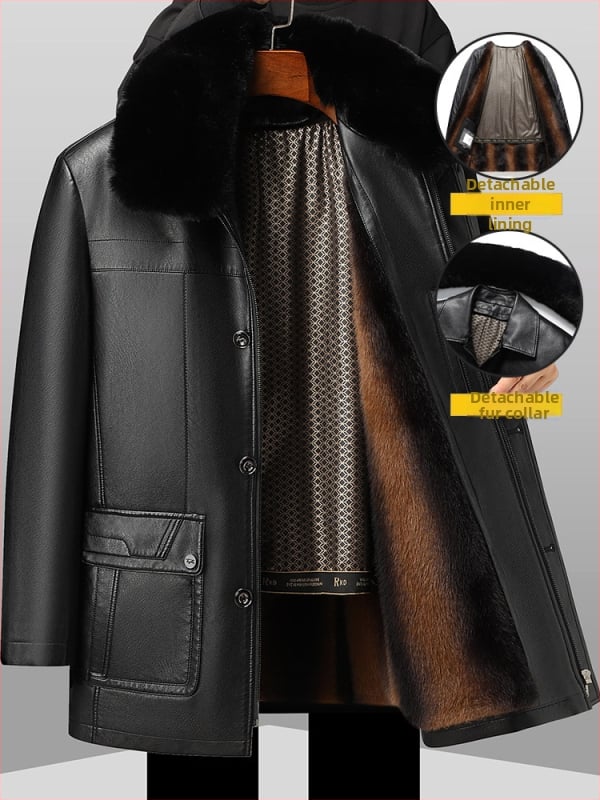 Jachetă din piele naturală pentru bărbați, cu căptușeală din blană de miel, închidere cu fermoar, guler tip lapel, croială lejeră, căptușeală detașabilă