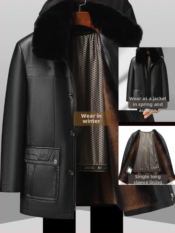 Jachetă din piele naturală pentru bărbați, cu căptușeală din blană de miel, închidere cu fermoar, guler tip lapel, croială lejeră, căptușeală detașabilă