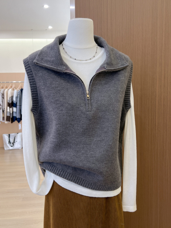 Bez rukava vest s otvorenim leđima, polu-visoki ovratnik, poliester, japansko-korejski casual stil