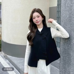 Dvooslojna baršun vest s ovratnikom-šalom, jednoradna kopča s gumbima, poliester tkanina, poliester punilo, kineski stil