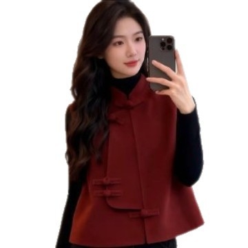 Dvooslojna baršun vest s ovratnikom-šalom, jednoradna kopča s gumbima, poliester tkanina, poliester punilo, kineski stil