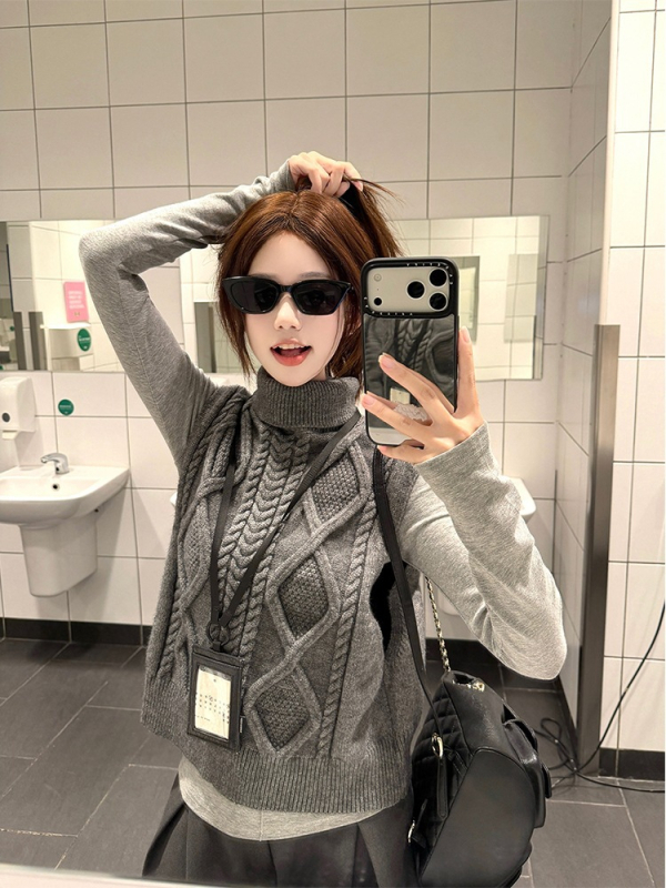 Ženska pletena bez rukava vest s poluotvorenim ovratnikom, standardna duljina, japansko-korejski casual stil (tvar: smjesa kemijskih vlakana; bez punila; zima 2025)