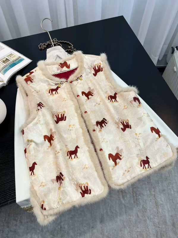 Dvostruka bezrukav vest s kineskim stilom, patchwork šivani, poliester s pamuk punjenjem, redovita duljina, okrugli ovratnik, biljni cvjetni uzorak