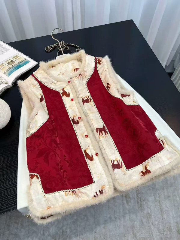 Dvostruka bezrukav vest s kineskim stilom, patchwork šivani, poliester s pamuk punjenjem, redovita duljina, okrugli ovratnik, biljni cvjetni uzorak