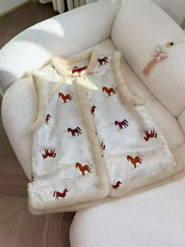 Dvostruka bezrukav vest s kineskim stilom, patchwork šivani, poliester s pamuk punjenjem, redovita duljina, okrugli ovratnik, biljni cvjetni uzorak