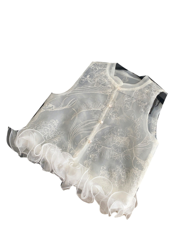 Vestă fără mâneci cu guler rotund, broderie florală pe plasă, material poliester-spandex (30-50%), croială lejeră, primăvara 2025