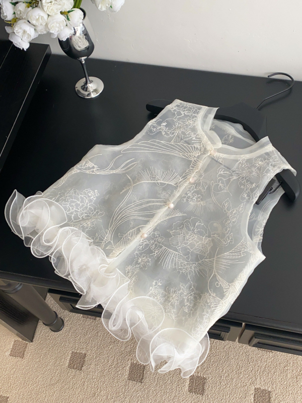 Vestă fără mâneci cu guler rotund, broderie florală pe plasă, material poliester-spandex (30-50%), croială lejeră, primăvara 2025