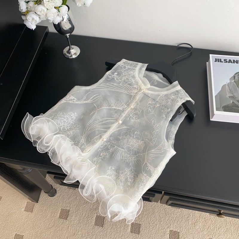 Vestă fără mâneci cu guler rotund, broderie florală pe plasă, material poliester-spandex (30-50%), croială lejeră, primăvara 2025