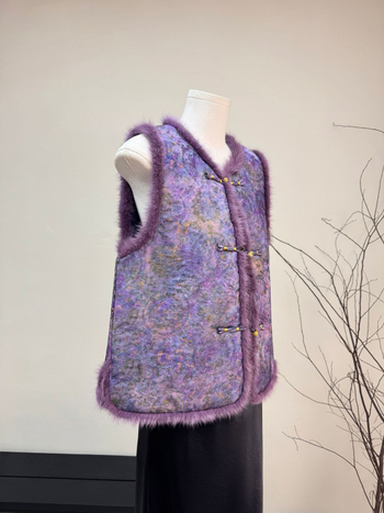 Veste din blană de nurcă și bumbac, cardigan în stil chinezesc, model floral, guler rotund, iarnă 2025