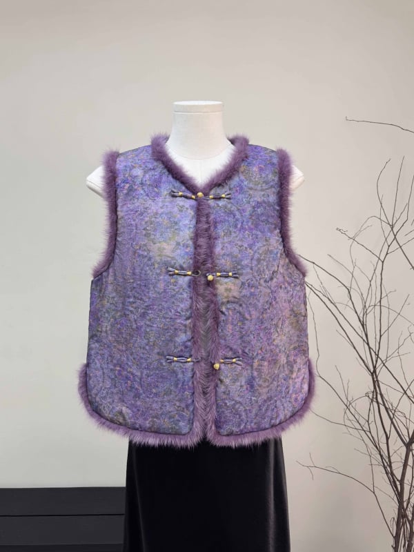 Veste din blană de nurcă și bumbac, cardigan în stil chinezesc, model floral, guler rotund, iarnă 2025
