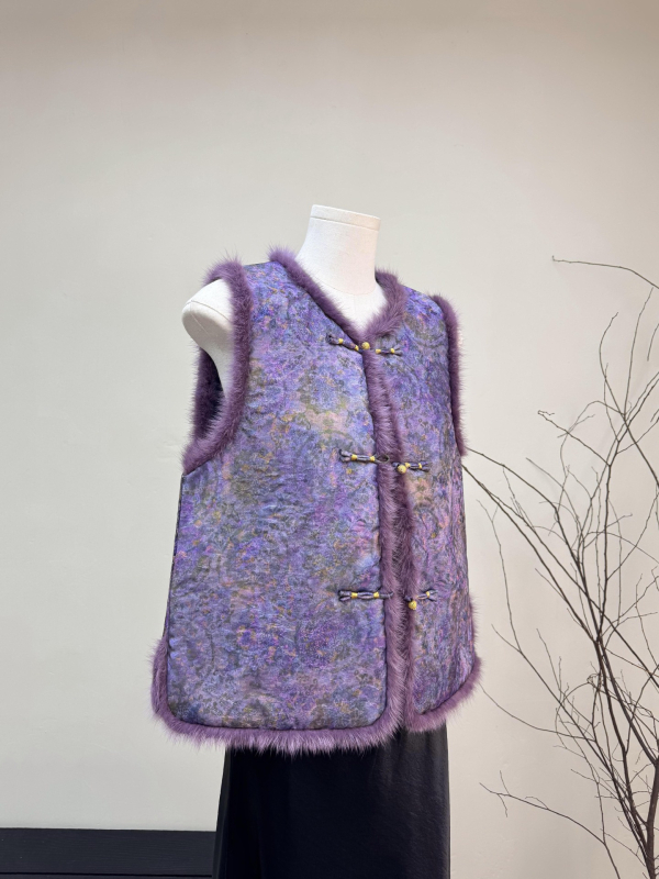 Veste din blană de nurcă și bumbac, cardigan în stil chinezesc, model floral, guler rotund, iarnă 2025