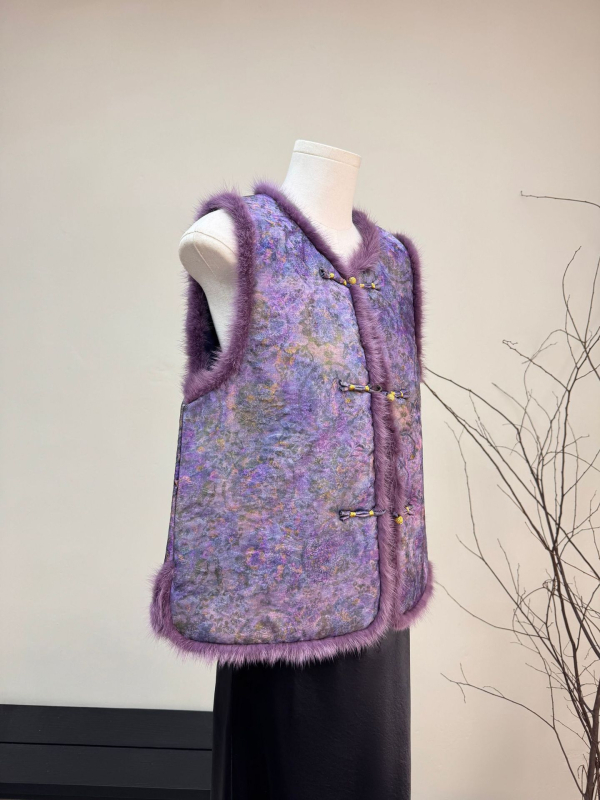 Veste din blană de nurcă și bumbac, cardigan în stil chinezesc, model floral, guler rotund, iarnă 2025