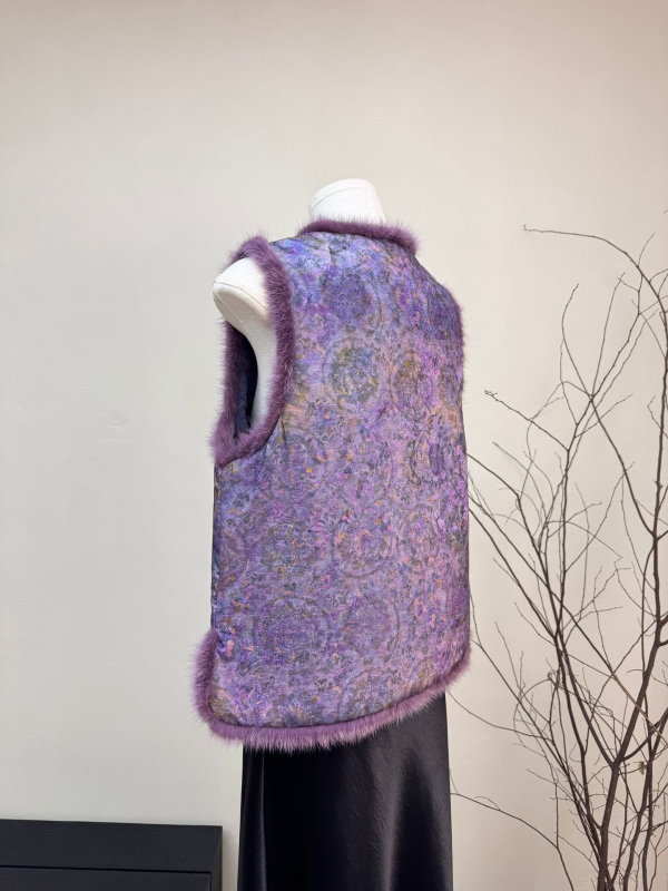 Veste din blană de nurcă și bumbac, cardigan în stil chinezesc, model floral, guler rotund, iarnă 2025