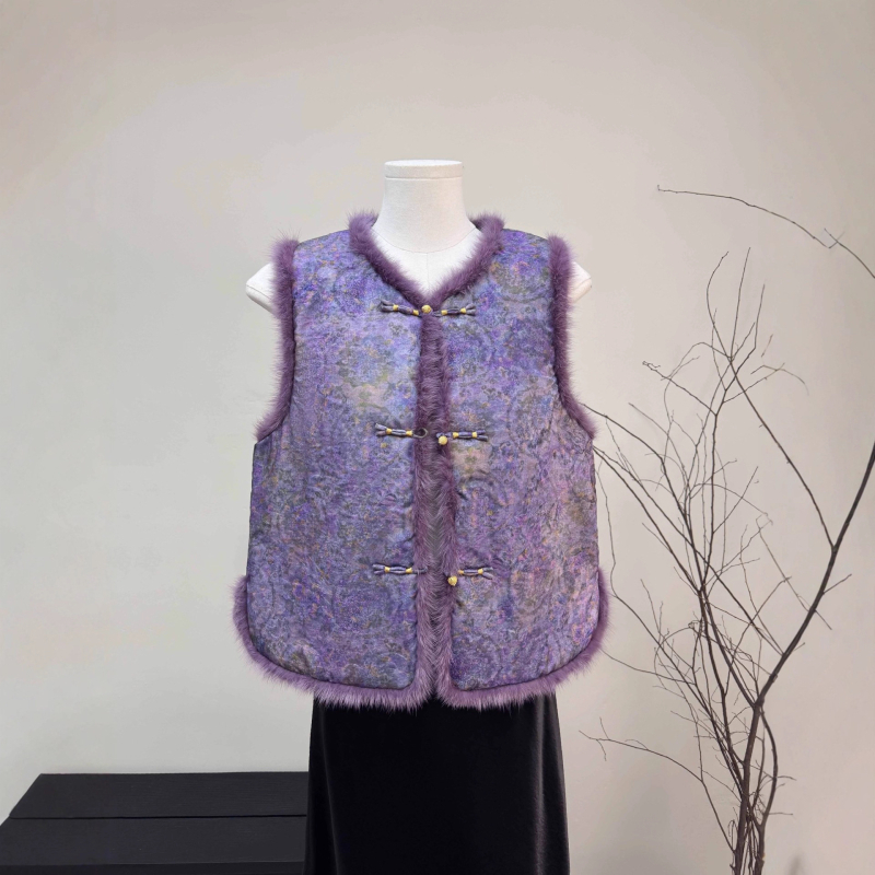 Veste din blană de nurcă și bumbac, cardigan în stil chinezesc, model floral, guler rotund, iarnă 2025