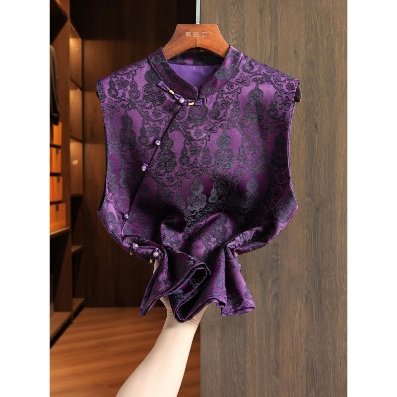 Vestă feminină fără mâneci, cu halter, jacquard etnic, guler înălțat, țesătură din plasă (Primăvara 2025)