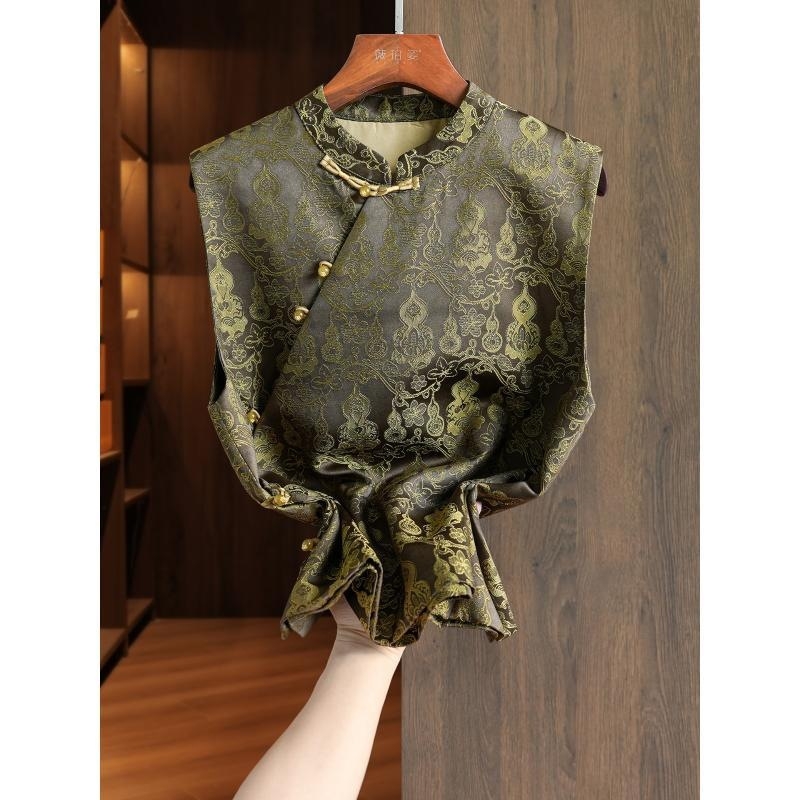 Vestă feminină fără mâneci, cu halter, jacquard etnic, guler înălțat, țesătură din plasă (Primăvara 2025)