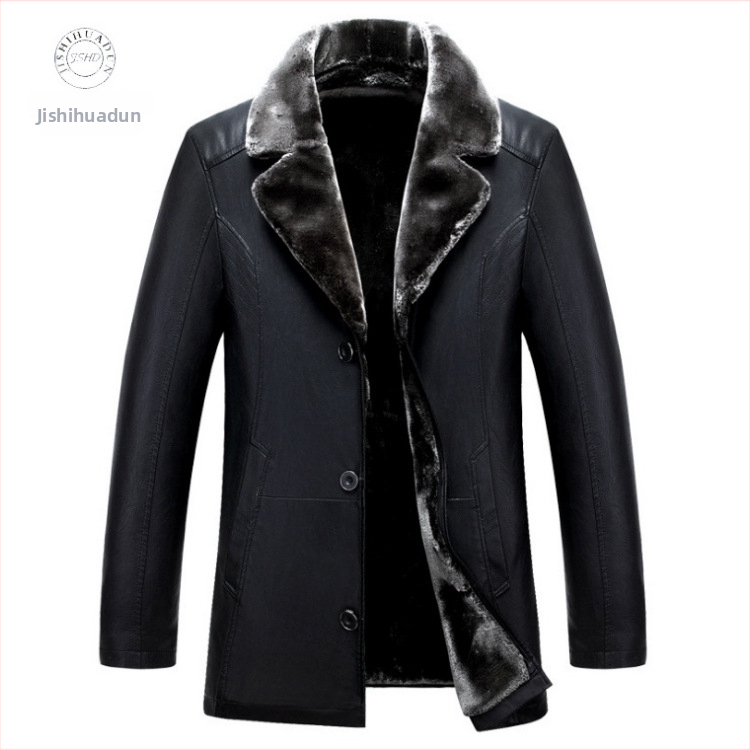 Muški PU kožni kaput s flis podstavom, zimski dugi model, reverni ovratnik, jednostruko kopčanje