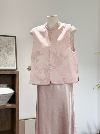 Vesta stil chinezesc – dublă față, guler înalt, model floral, țesătură din poliester (80-90% poliester), primăvara 2025