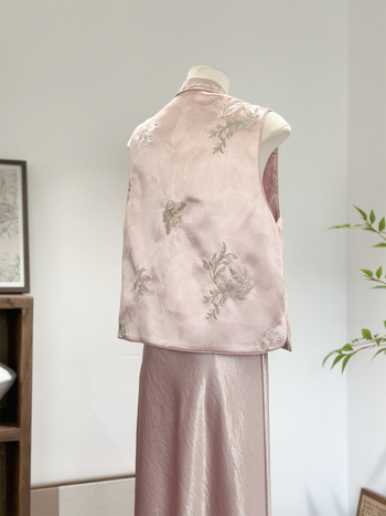 Vesta stil chinezesc – dublă față, guler înalt, model floral, țesătură din poliester (80-90% poliester), primăvara 2025