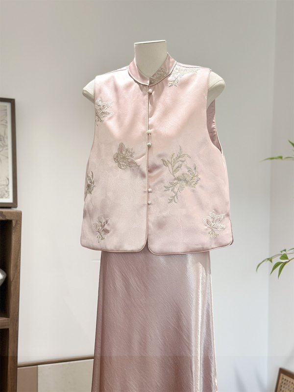 Vesta stil chinezesc – dublă față, guler înalt, model floral, țesătură din poliester (80-90% poliester), primăvara 2025