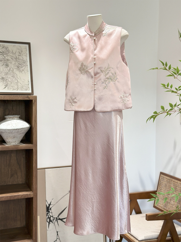 Vesta stil chinezesc – dublă față, guler înalt, model floral, țesătură din poliester (80-90% poliester), primăvara 2025