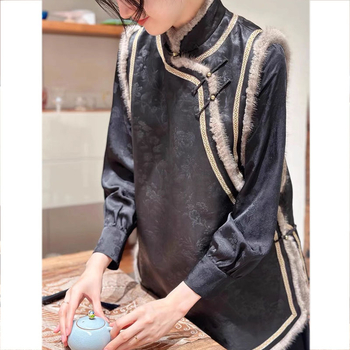 Cardigan stil prsluk, kineskog stila, jacquard uzorak, tkanina od pamuk-mešavine, punjenje poliester-pamuk