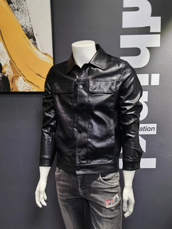 Muška PU kožna jakna - korejski stil, uski kroj, rever, bočne džepove
