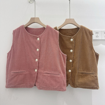 Ženski bezrukavni prsluk od corduroje i pamuka, okrugli ovratnik, retro stil, jesen 2025