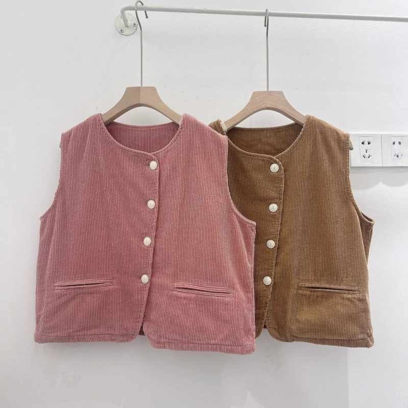 Ženski bezrukavni prsluk od corduroje i pamuka, okrugli ovratnik, retro stil, jesen 2025