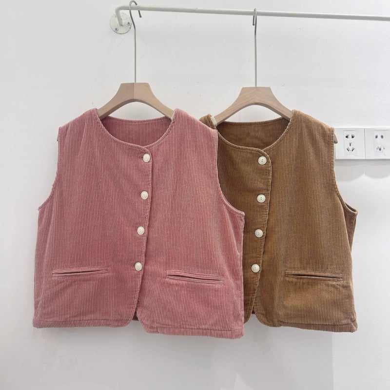 Ženski bezrukavni prsluk od corduroje i pamuka, okrugli ovratnik, retro stil, jesen 2025