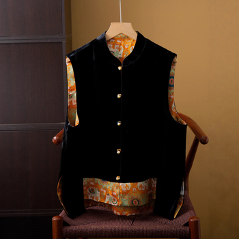 Obostrani svileno baršunasti prsluk za žene, kineski dizajn, stojeći ovratnik, jesen 2025