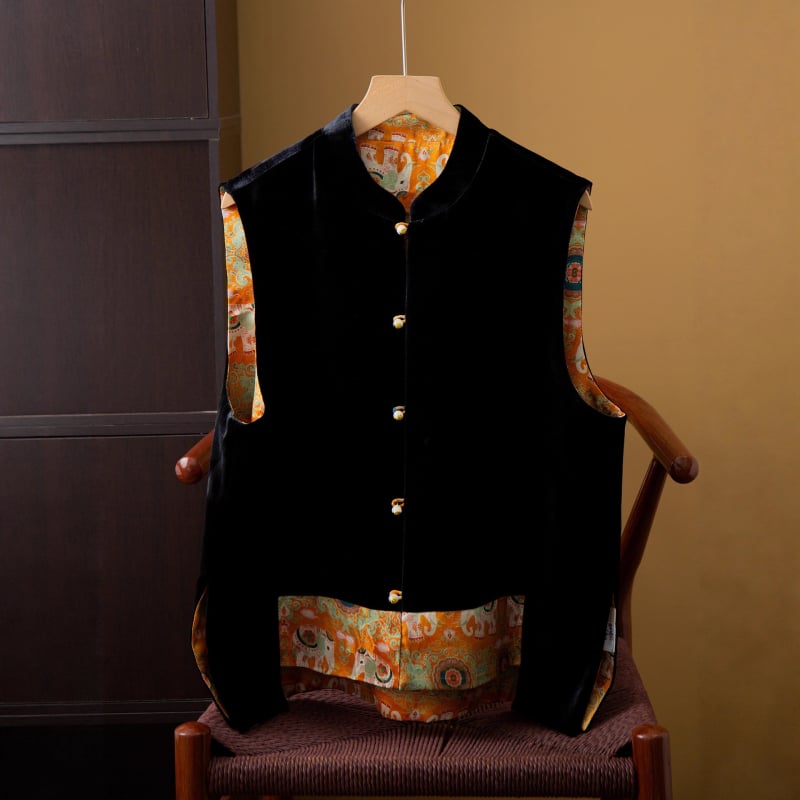 Obostrani svileno baršunasti prsluk za žene, kineski dizajn, stojeći ovratnik, jesen 2025