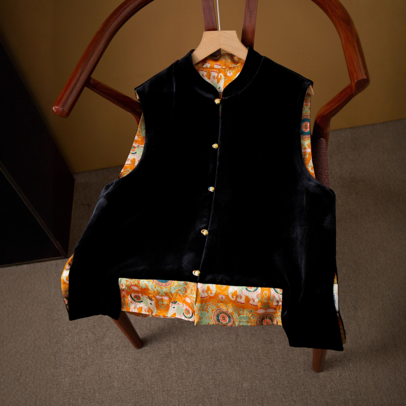 Obostrani svileno baršunasti prsluk za žene, kineski dizajn, stojeći ovratnik, jesen 2025