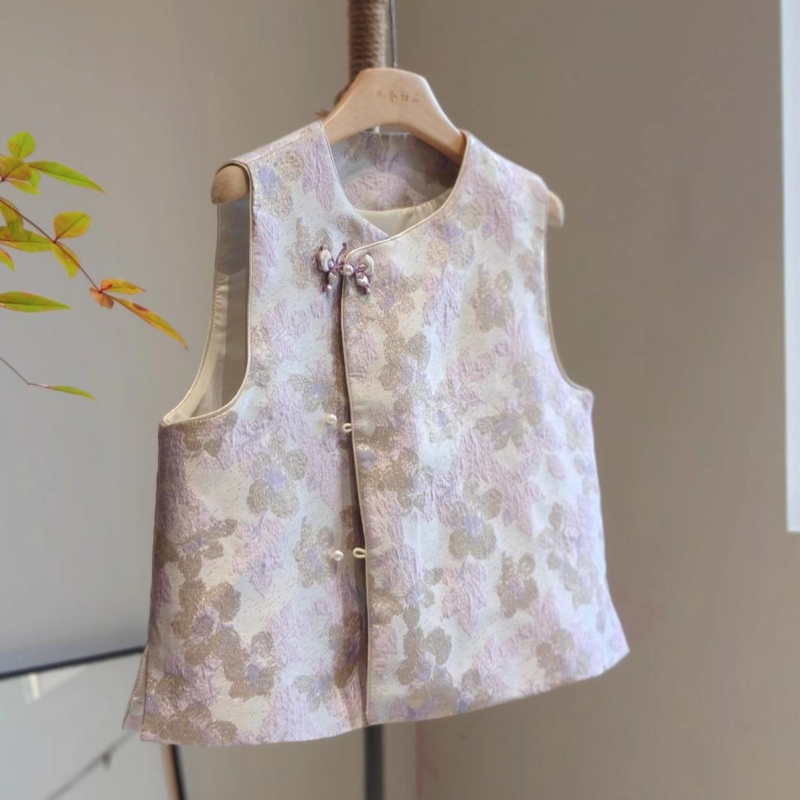 Ženski prsluk, kineskog stila, okrugli izrez, uski kroj, uobičajena duljina