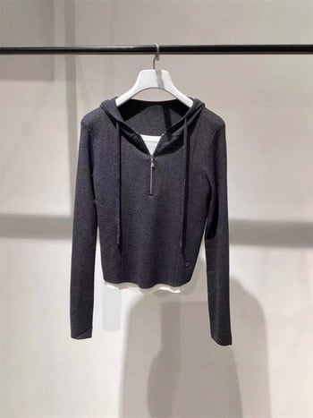 Kapučni kardigan-pulover s lažnim dvodijelnim dizajnom, pleteni, viskoza-najlon smjes, casual japansko-korejski stil