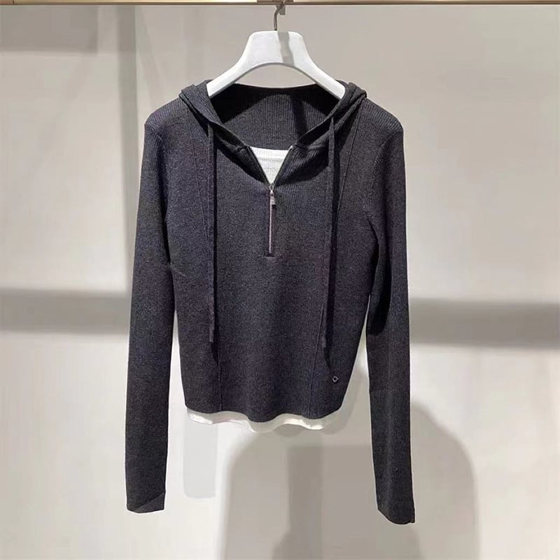 Kapučni kardigan-pulover s lažnim dvodijelnim dizajnom, pleteni, viskoza-najlon smjes, casual japansko-korejski stil