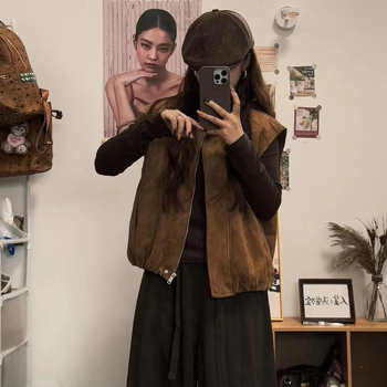 Korejskog stila zamšeni prsluk, polo ovratnik, srednja duljina, tkanina od špandeksa, punjenje od poliester-bavla